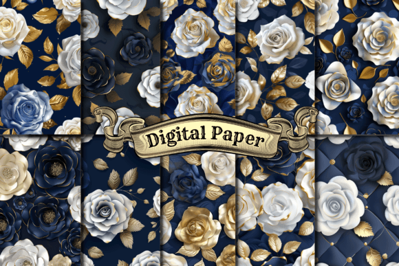 Download Navy and Gold Rose Digital Paper - Rose digital paper Collection